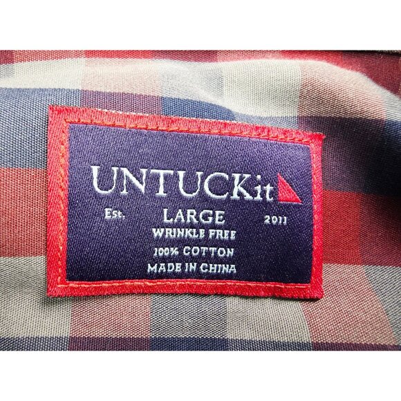 Untuckit Large Wrinkle Free Gray Blue Red Check Long Sleeve Logo Cotton Shirt - Picture 4 of 9